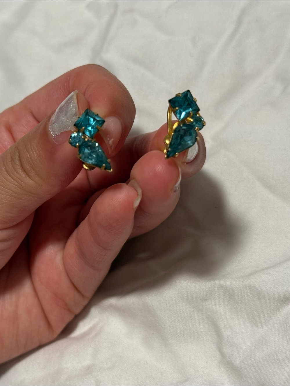 Gold-Tone Teal Crystal Drop Clip-On Earrings